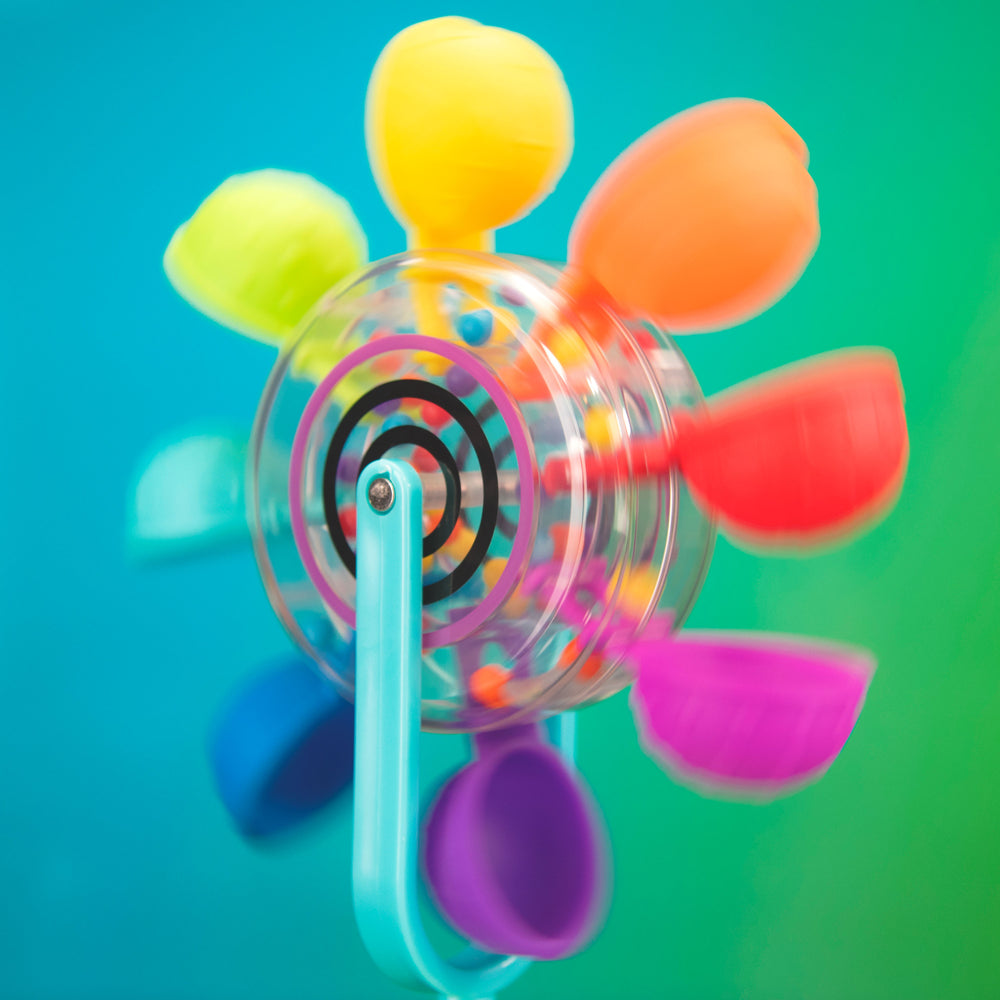 colorful bath toy set with suction cup toy, cups and spinners