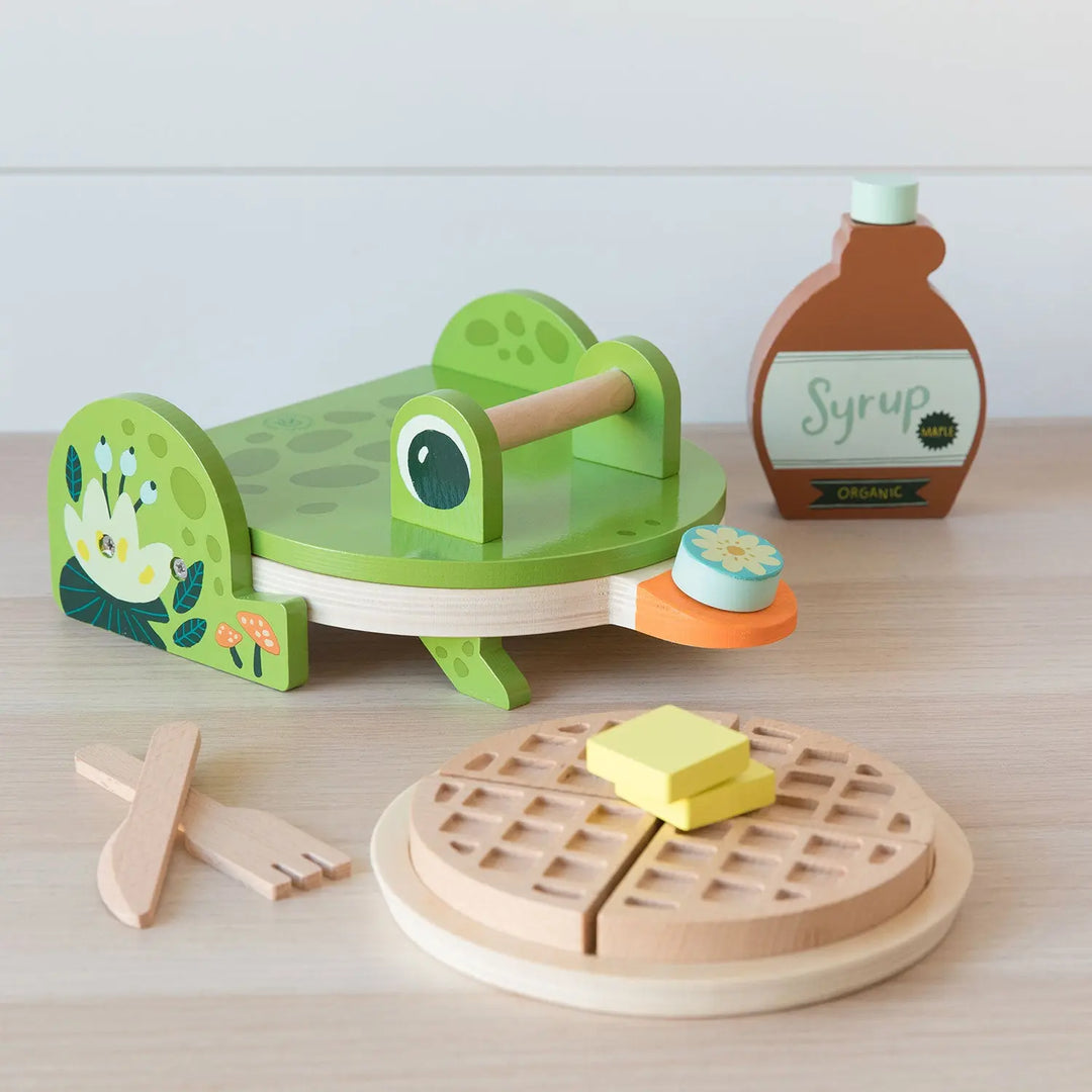 Frog waffle maker wooden toy with toy waffles, syrup, butter, and cutlery