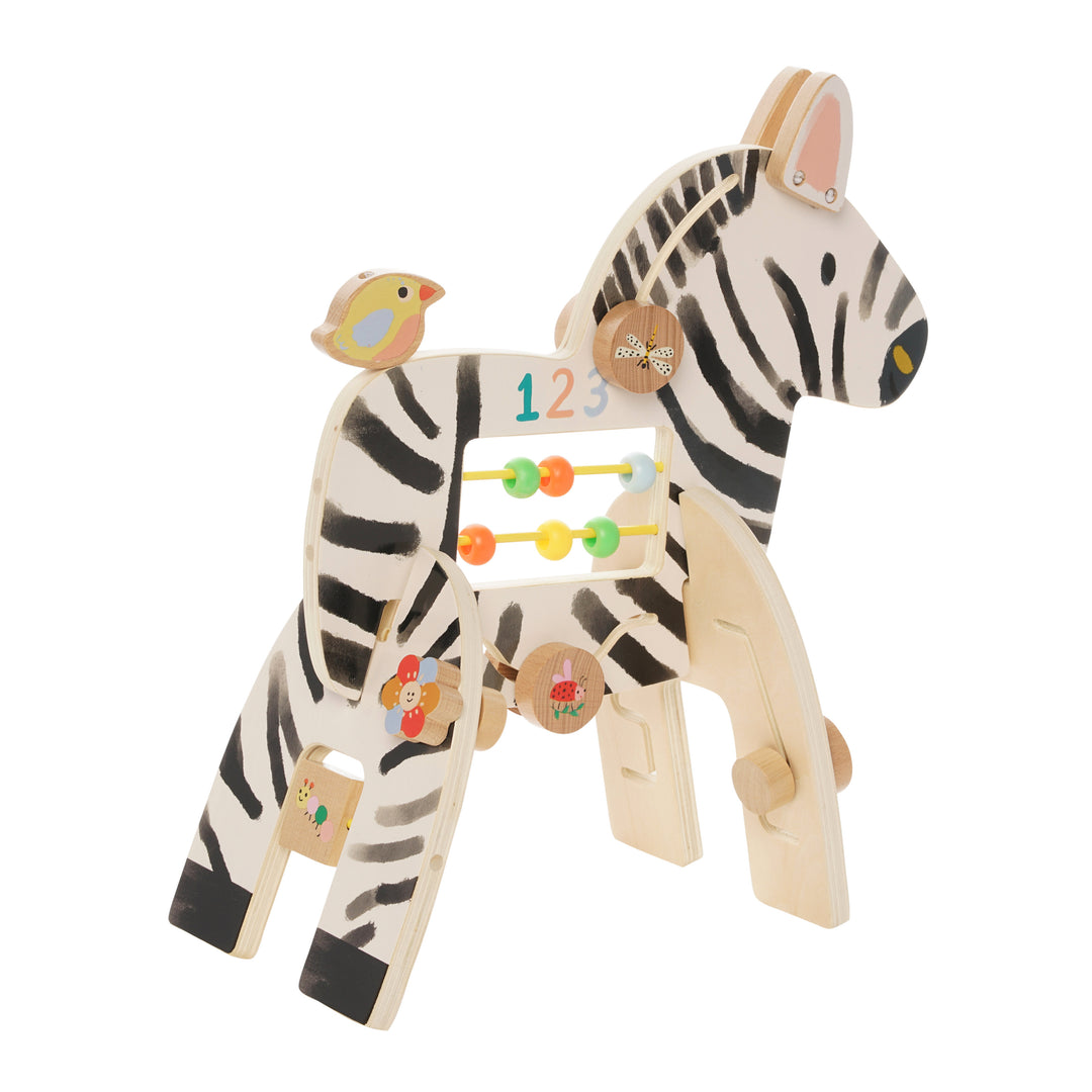 Wooden zebra activity toy by Manhattan Toy, featuring bead runs, rotating panels with animal illustrations, a springy bird, and clacking ear features.