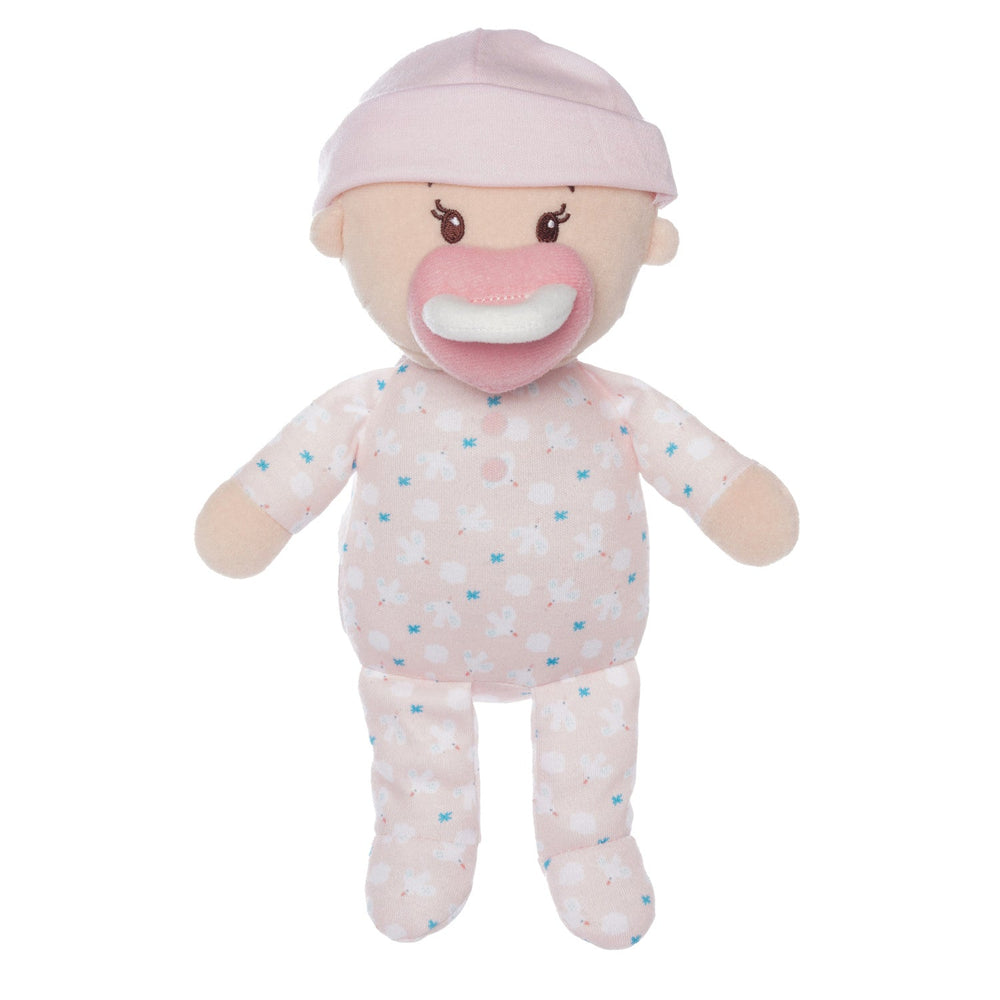 soft baby snuggle doll with peach skin that includes a magnetic pacifier 