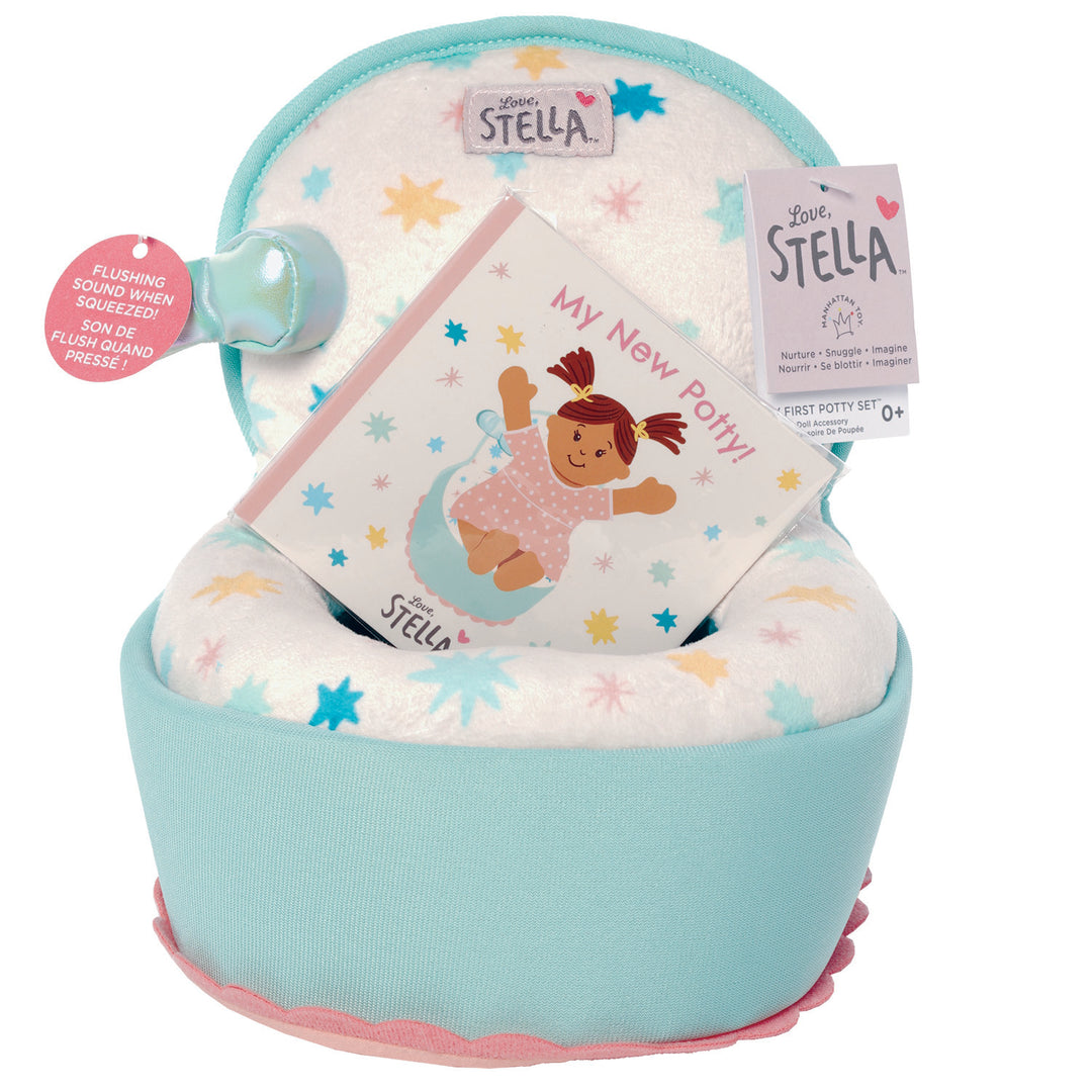 Doll sized potty with flushing sound shown with hangtag packaging and potty book attached to front.
