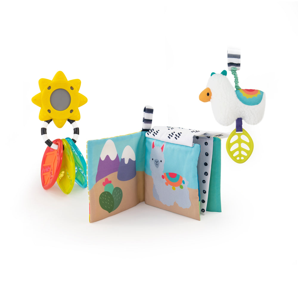 sunshine rattle teether, soft book and llama attachable toy
