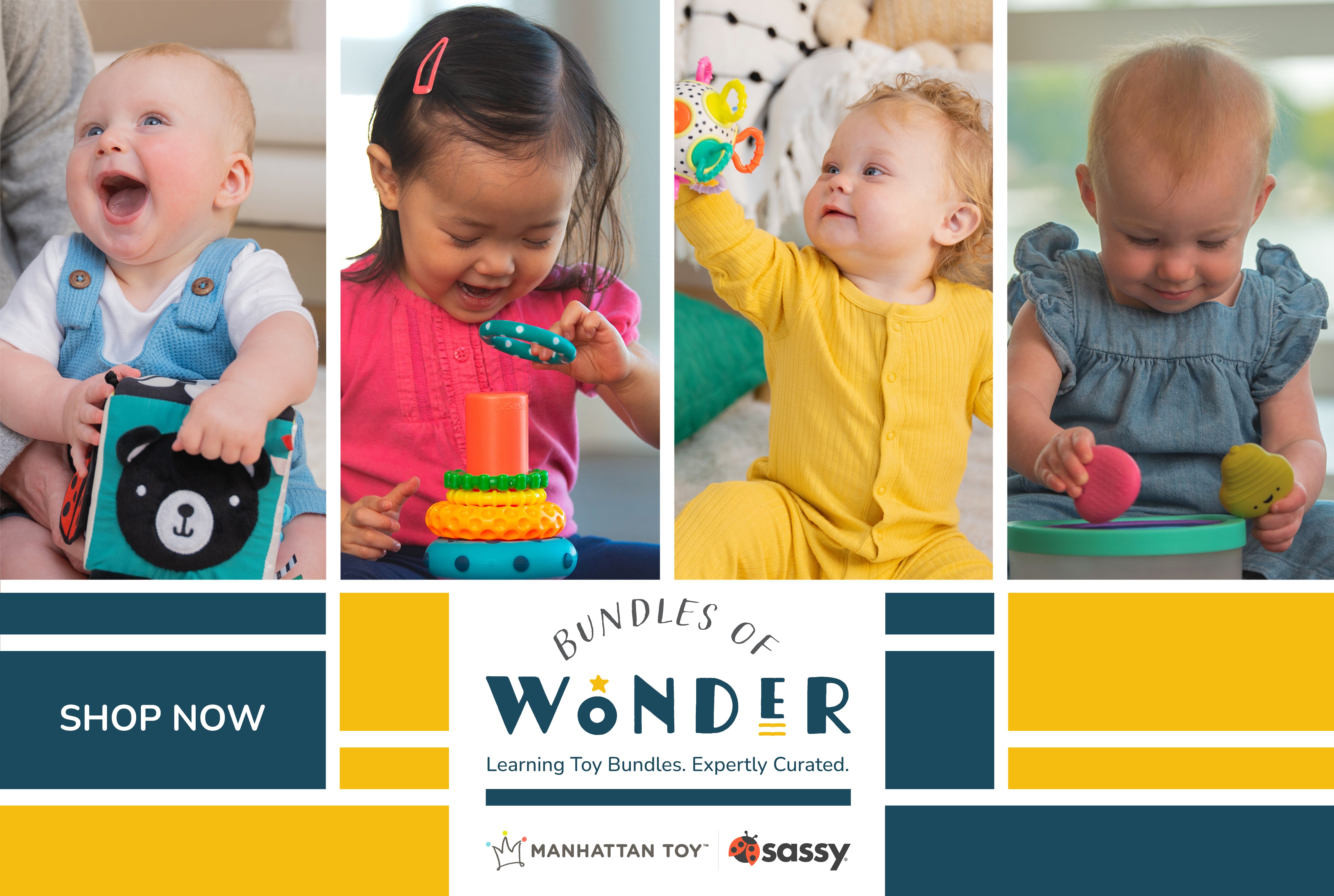 Collage of four children playing with toys, featuring 'Bundles of Wonder', Manhattan Toy, and Sassy logos.