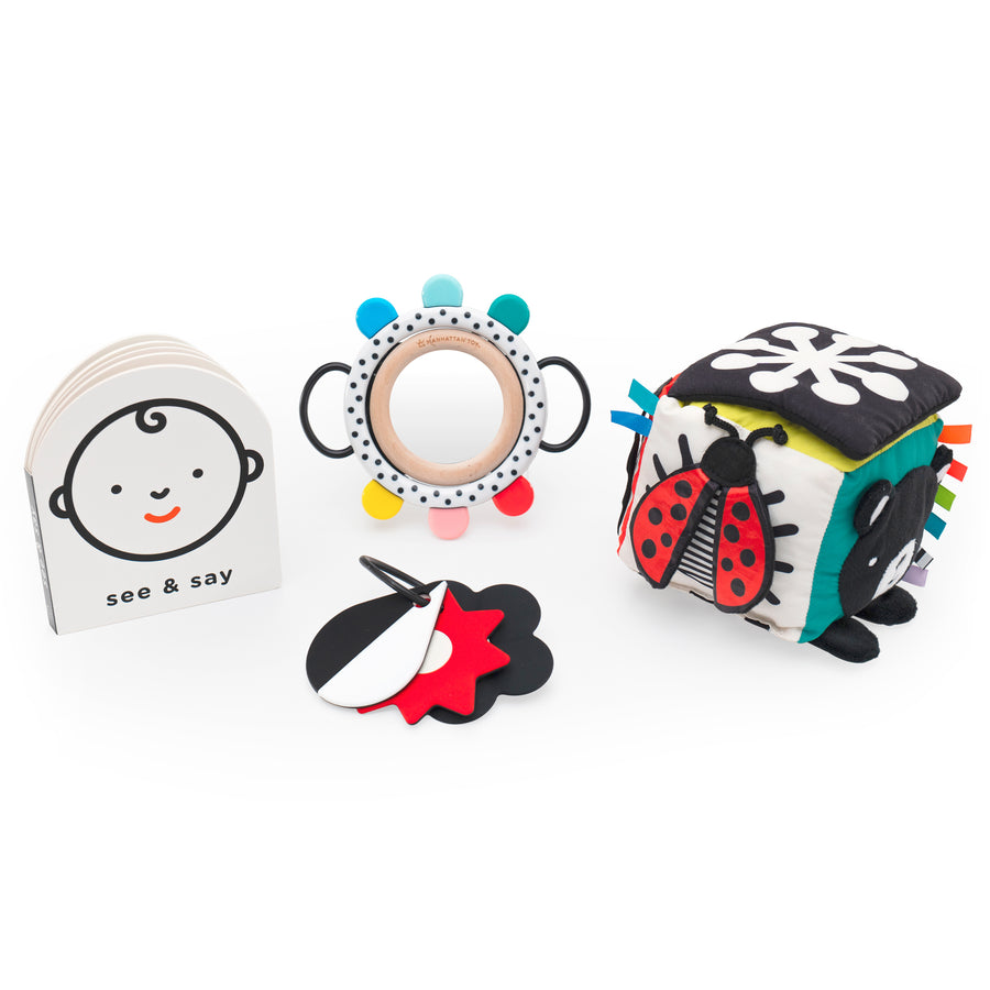 Group visual of a black and white baby board book, grasping toy with colorful nubs and a baby safe mirror, teething shapes and a black and white soft sensory cube. 
